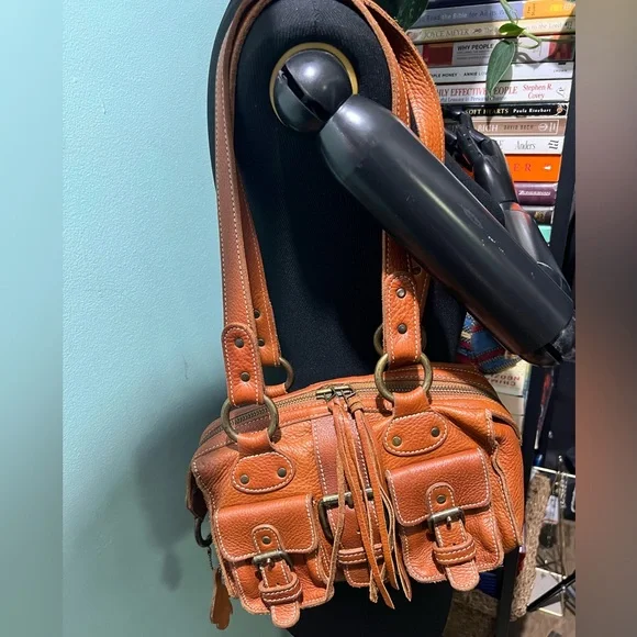 ROOTS VINTAGE Cognac Brown Leather Mini Emily Tassel Double Handles Shoulder Bag - Picture 3 of 16